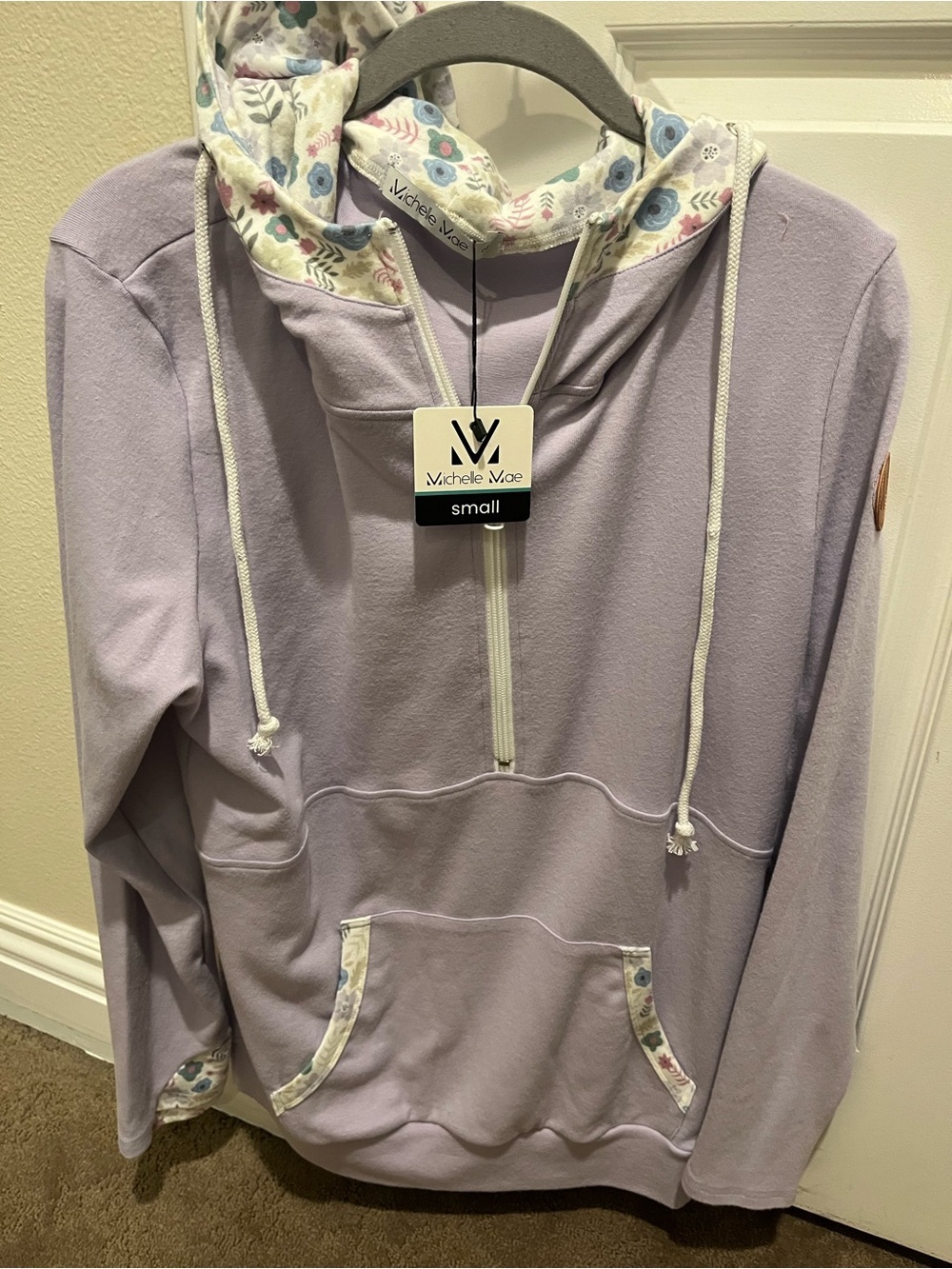 Michelle Mae Lavender Half-Zip Hoodie with Floral Lined Hood